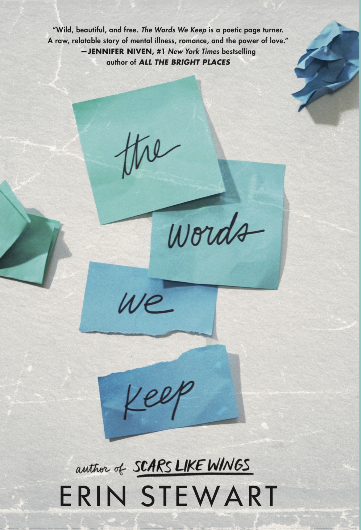 Book cover, sticky notes with the text "the words we keep"