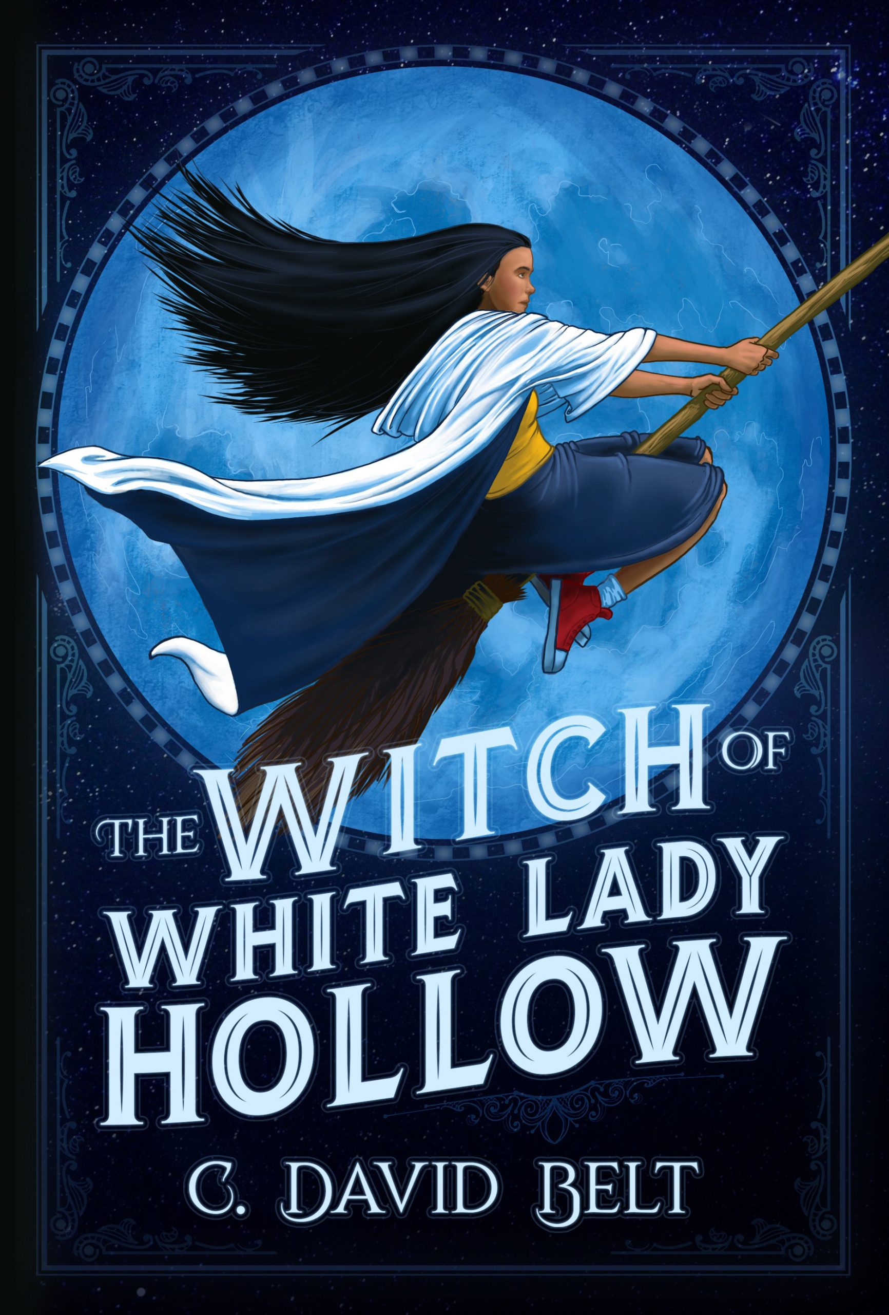 Book cover, witch flying on broom in front of moon with text The Witch of White Lady Hollow