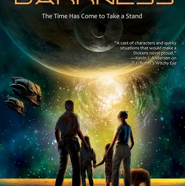 book cover, family holding hands with space/planets