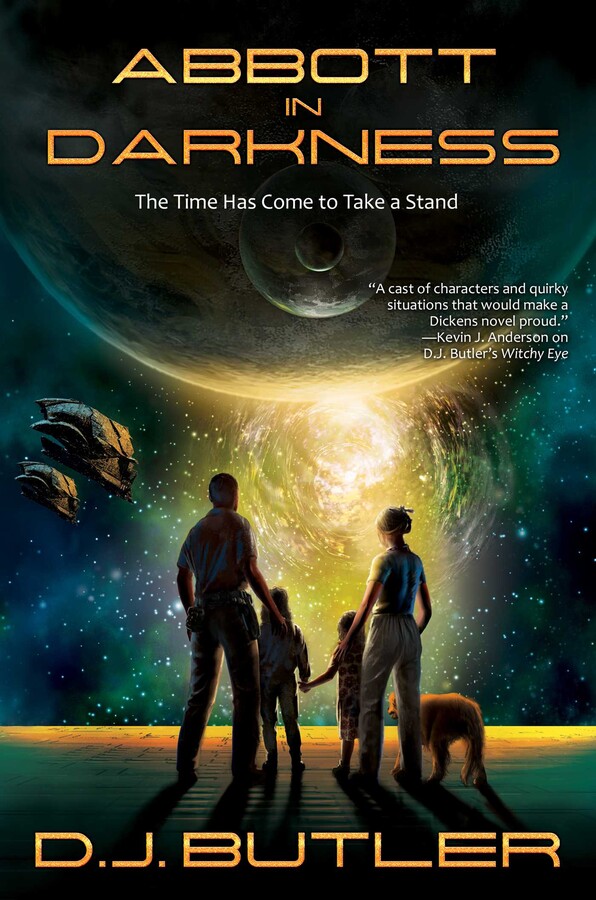 book cover, family holding hands with space/planets